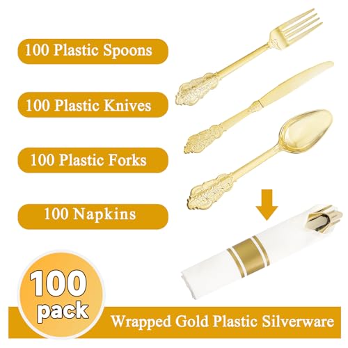Fancy Gold Cutlery Sets with Disposable Utensils & Napkins - 400PCS for Parties & Weddings